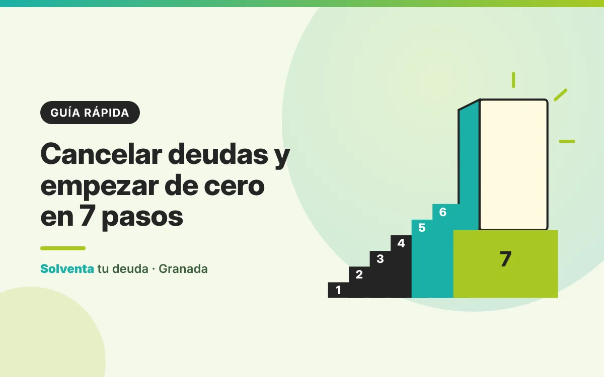 Ilustración de una escalera de siete peldaños hacia una puerta abierta luminosa, cancelar deudas y empezar de cero