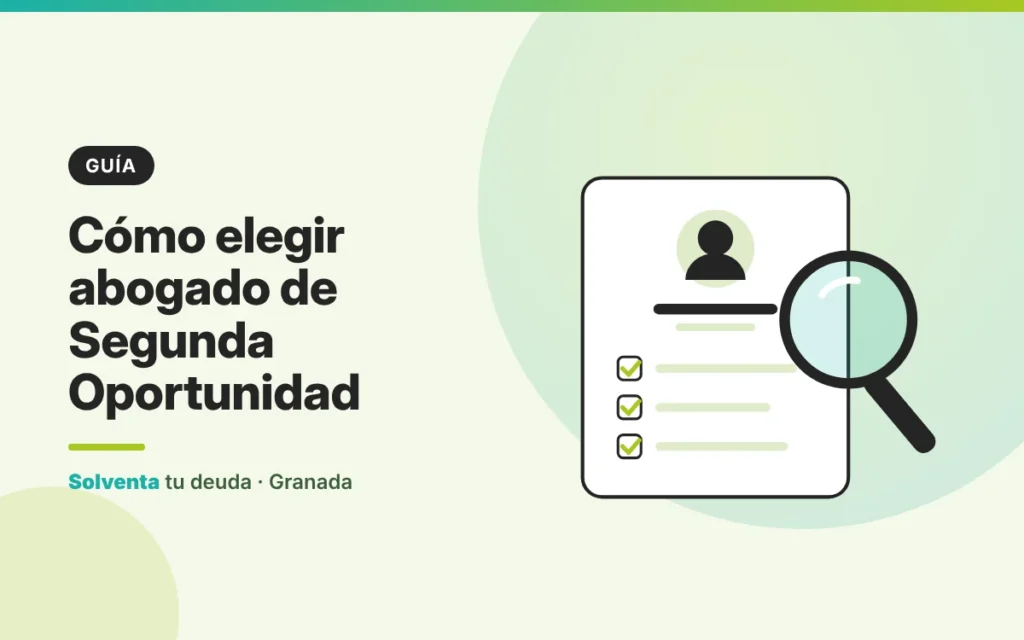 Ilustración de una lupa sobre la ficha de un abogado con lista de comprobación, elegir abogado de Segunda Oportunidad