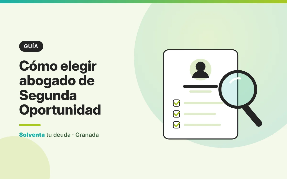 Ilustración de una lupa sobre la ficha de un abogado con lista de comprobación, elegir abogado de Segunda Oportunidad