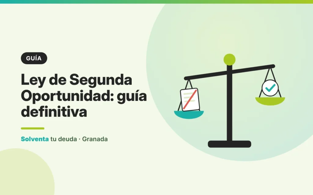 Ilustración de una balanza de la justicia con un documento de deuda tachado y un check, Ley de Segunda Oportunidad