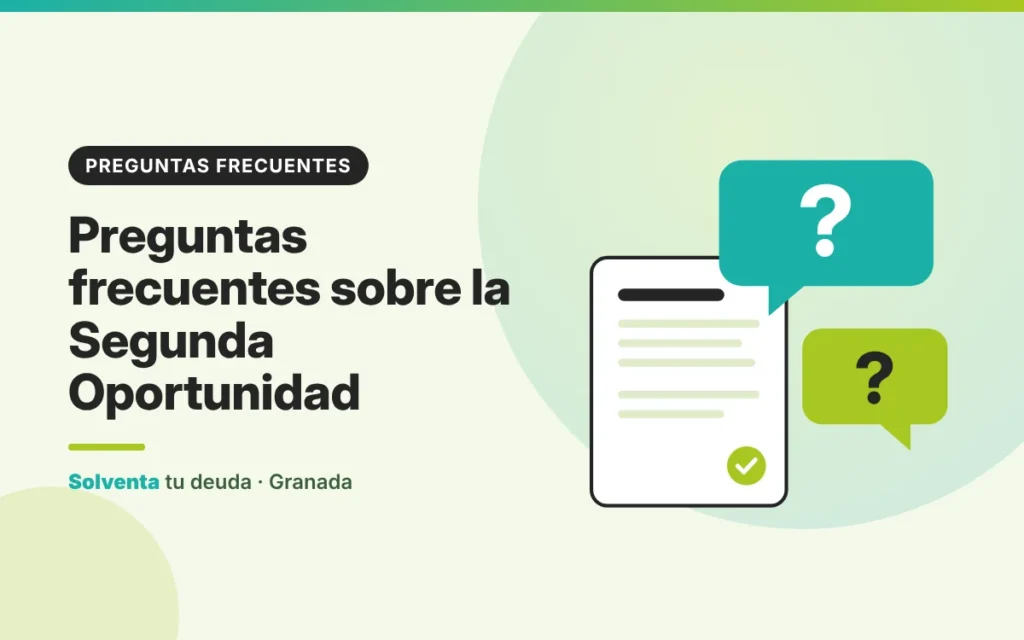 Ilustración de bocadillos con signos de interrogación junto a un documento legal, preguntas frecuentes Ley de Segunda Oportunidad